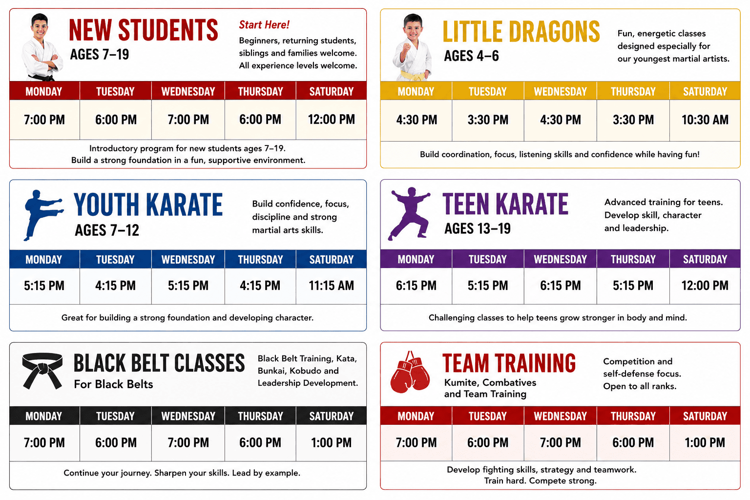 Super Kick Karate class schedule showing times for Little Dragons, Youth Karate, Teen Karate, New Students, Black Belt Classes and Team Training