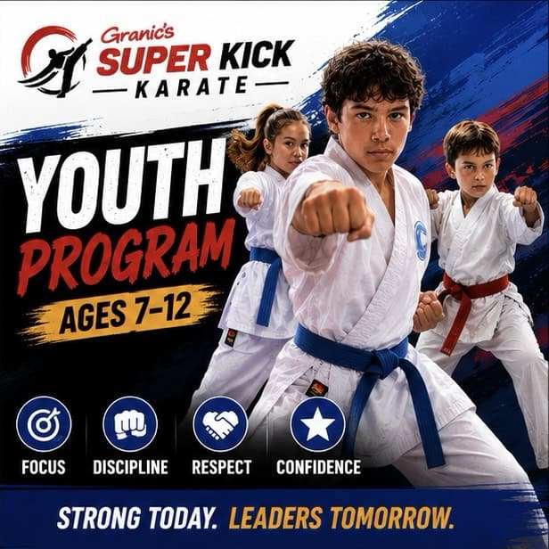 Group of kids practicing karate in a dojo