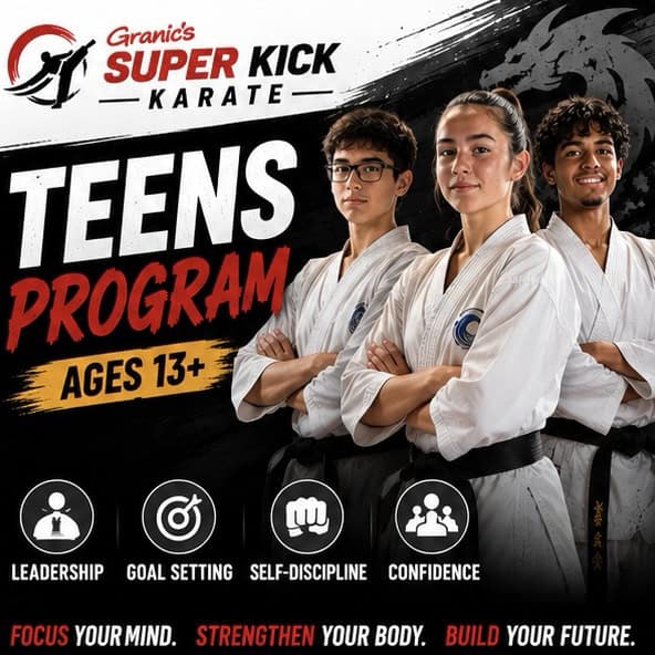 Confident teenager performing a powerful karate kick